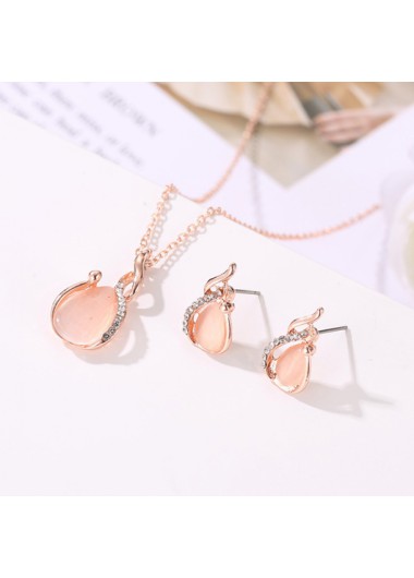 Modlily Rhinestone Waterdrop Design Metal Detail Gold Earrings and Necklace - One Size