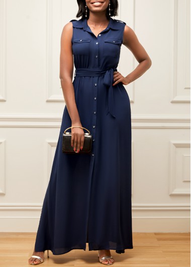 Modlily Turndown Collar Chiffon Belted Navy Blue Dress - S