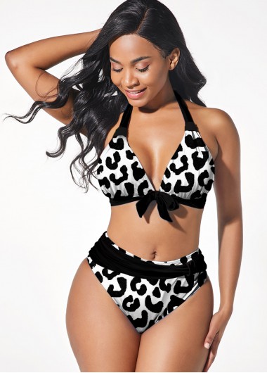 Modlily Cow Print Mid Waist Halter Black Bikini Set - XL