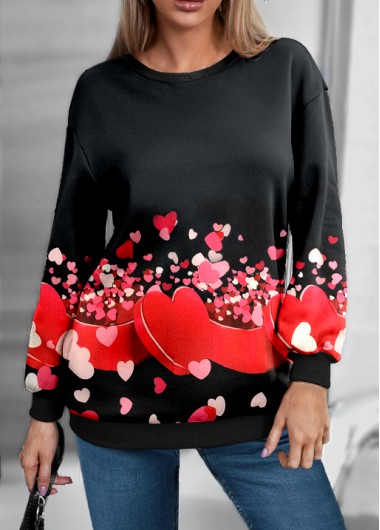 Modlily Valentines Heart Print Black Round Neck Sweatshirt - S