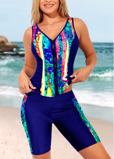 Modlily Colorful Print Zipper Closure Royal Blue Tankini Set - M