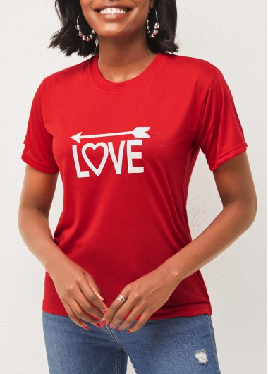 Modlily Letter Print Red Valentines Round Neck T Shirt - XL