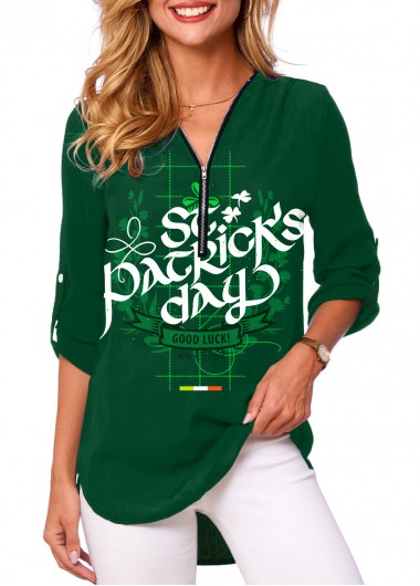Modlily St Patrick&apos;S Day Letter Print Solid Green Zip Neck Top Letter Print Dark Green Patricks Day Blouse - L