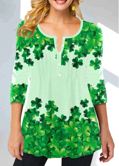 Modlily St Patrick&apos;S Shamrock Print Button Detailed Blouse Green Patricks Day Four Leaf Clover Blouse - S