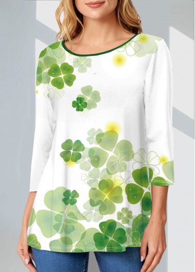 Modlily St Patrick&apos;S Shamrock Print Ombre White Long Sleeve Shirt Patricks Day Four Leaf Clover T Shirt - M