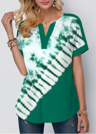 Modlily St Patrick&apos;S Green And White Contrast V-Neck Short Sleeve Shirt Tie Dye Print Green Patricks Day T Shirt - S