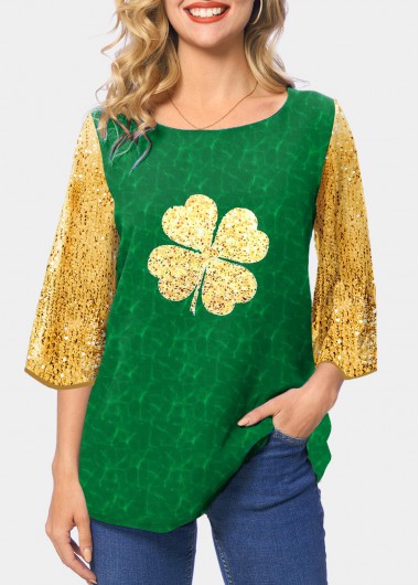 Modlily St Patrick&apos;S Golden Shamrock Print With Green Contrast Patricks Day Four Leaf Clover Green Contrast T Shirt - XL