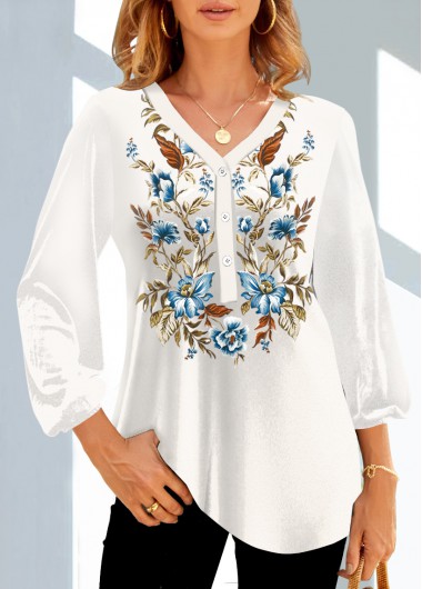 Modlily Floral Print V Neck White Tunic Top - L