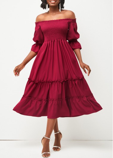 Modlily Smocked Off Shoulder Wine Red Valentines Dress - M