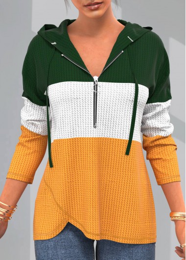 Modlily St Patrick'S Waffle Pattern With Ireland Color Hoodie Drawstring Color Block Patricks Day Hoodie - L