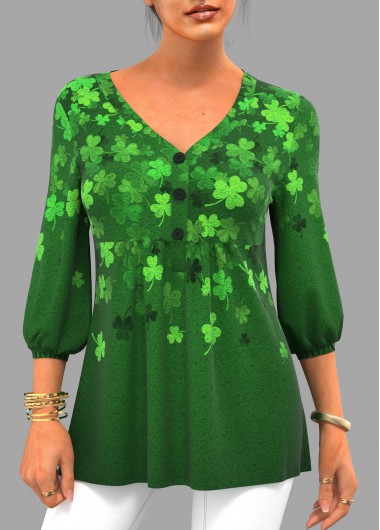 Modlily St Patrick&apos;S Shamrock Print Button Up Striped Cuff Tops Patricks Day Clover Ombre Print Green T Shirt - M