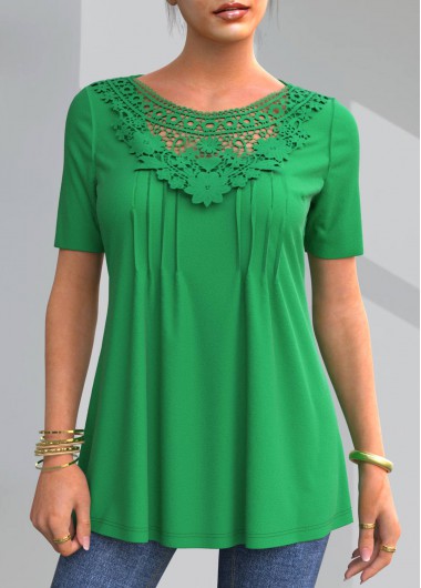 Modlily St Patrick&apos;S Solid Green Short Sleeve Blouse Lace Patchwork Green Patricks Day T Shirt - M