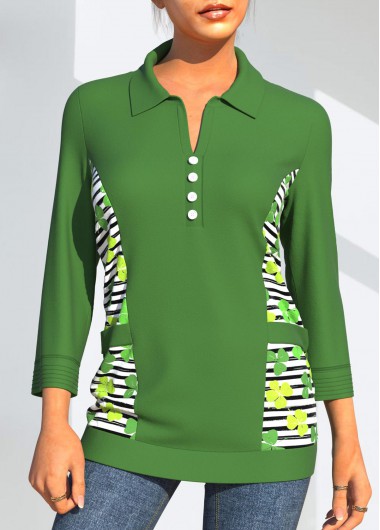 Modlily St Patrick&apos;S Shamrock Print Striped Shirt Green Patricks Day Four Leaf Clover T Shirt - XL