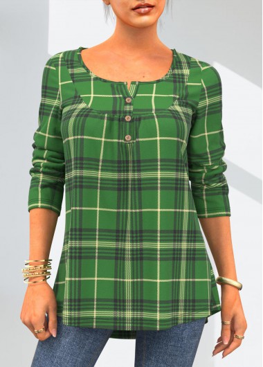 Modlily St Patrick&apos;S Long Sleeve Plaid Green Button Up Casual Blouse Patricks Day Button Detail T Shirt - XL