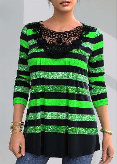 Modlily St Patrick&apos;S Black And Green Strip Print Lace Patchwork Long Sleeve Striped Patricks Day All-Over Black T Shirt - S