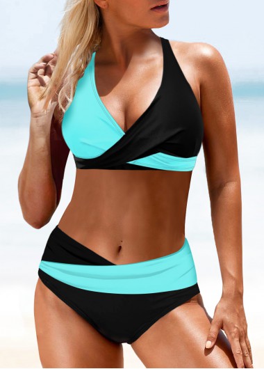Modlily Criss Cross Neck Color Block Mid Waist Bikini Set - S