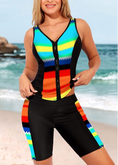 Modlily Color Block Mid Waist Zipper Closure Tankini Set - M
