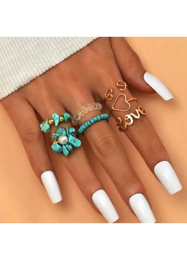 Modlily Bohemia Design Turquoise Metal Detail Ring Set - One Size