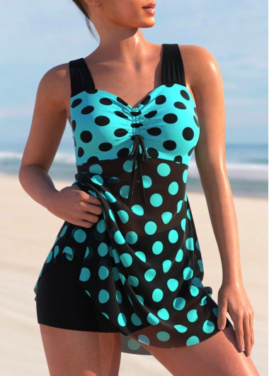 Modlily Polka Dot Cross Strap Cyan Swimdress Top - XXL