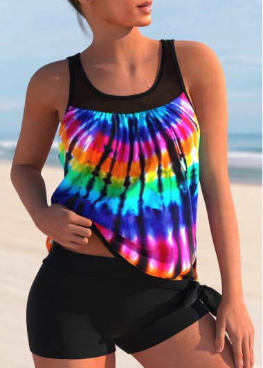 Modlily Rainbow Color Tie Dye Print Ombre Tankini Top - M