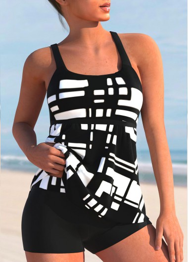 Modlily Geometric Print Black Mid Waist Tankini Set - L