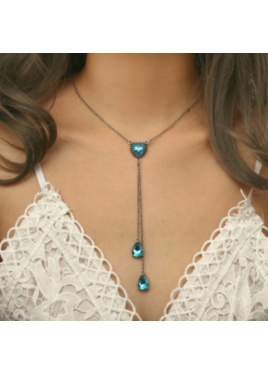 Modlily Heart Design Chain Tassel Sapphire Pendant Necklace - One Size