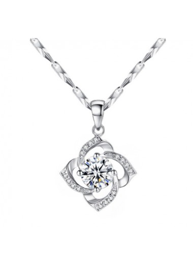 Modlily Rotating Clover Pendant Silver Rhinestone Necklace - One Size