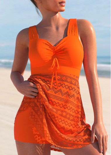 Modlily Lace Stitching Cross Strap Orange Swimdress and Shorts - S