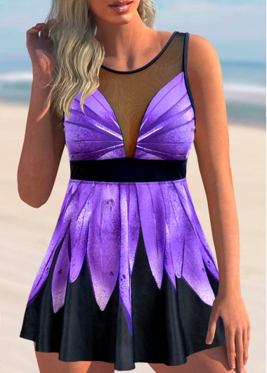 Modlily Mesh Stitching Wide Strap Printed Swimdress and Panty - S