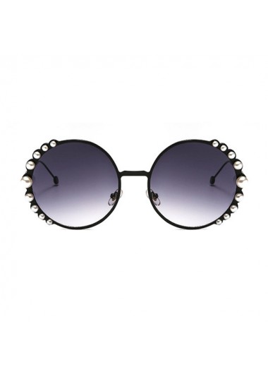 Modlily Black Frame Pearl Design Round Detail Sunglasses - One Size