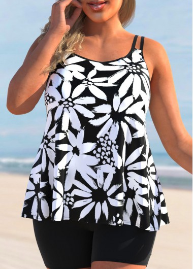 Modlily Plus Size Floral Print Black Tankini Top - 3X