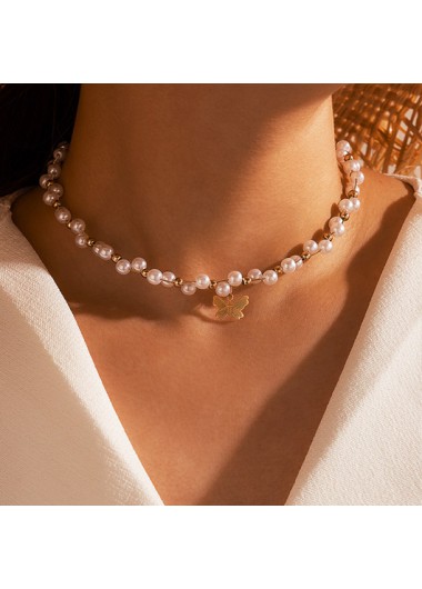 Modlily Valentines Butterfly Detail Pearl Gold Necklace - One Size