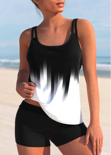 Modlily Ombre Print Black Wide Strap Tankini Top - M