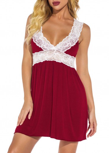 Modlily Valentines Wine Red Lace Stitching Babydolls - M