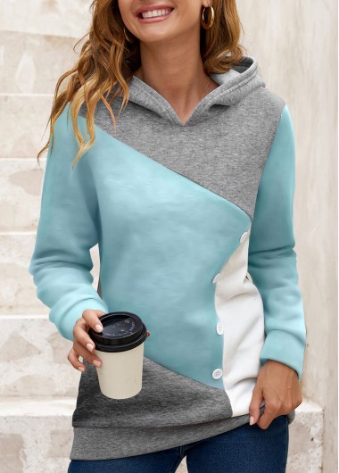 Modlily Light Blue Decorative Button Contrast Long Sleeve Hoodie - L