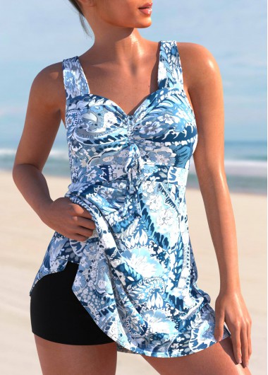 Modlily Paisley Print Cross Strap Light Blue Swimdress Top - XXL