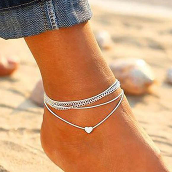 Heart Shape Silver Metal Anklet Set for Woman