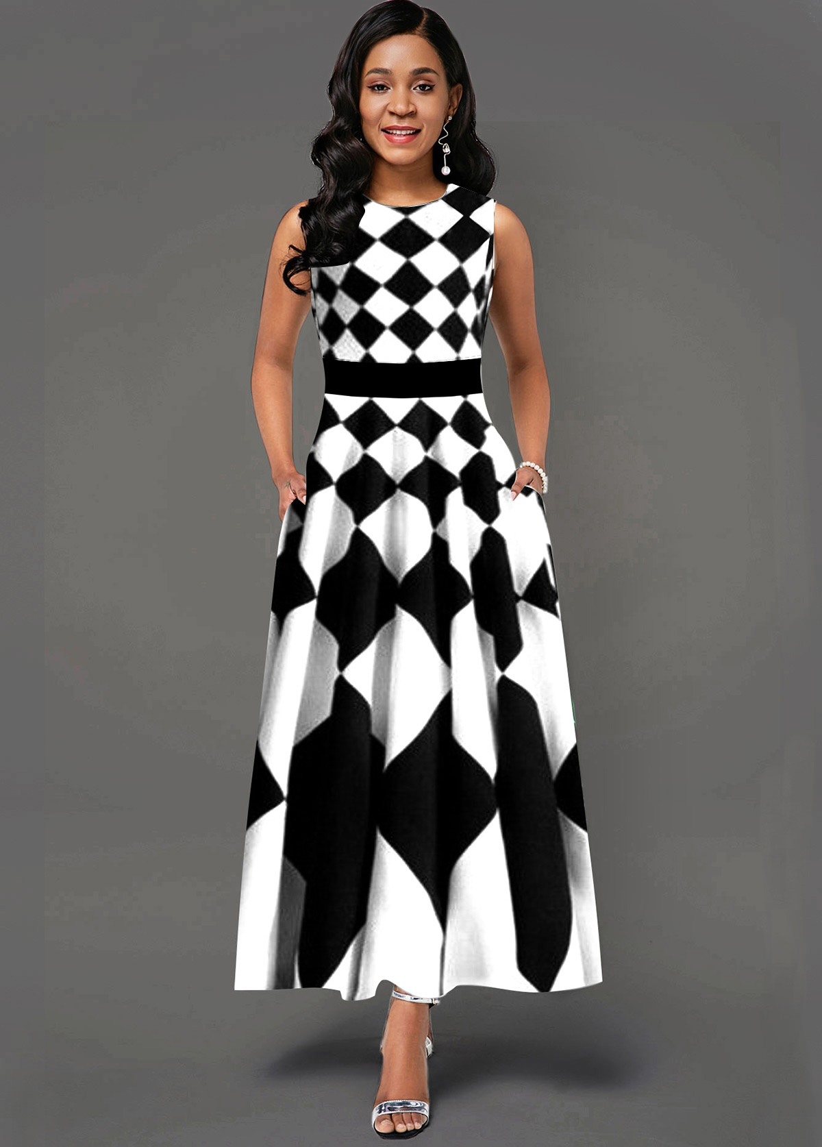 Geometric Print Side Poclket Sleeveless Maxi Dress