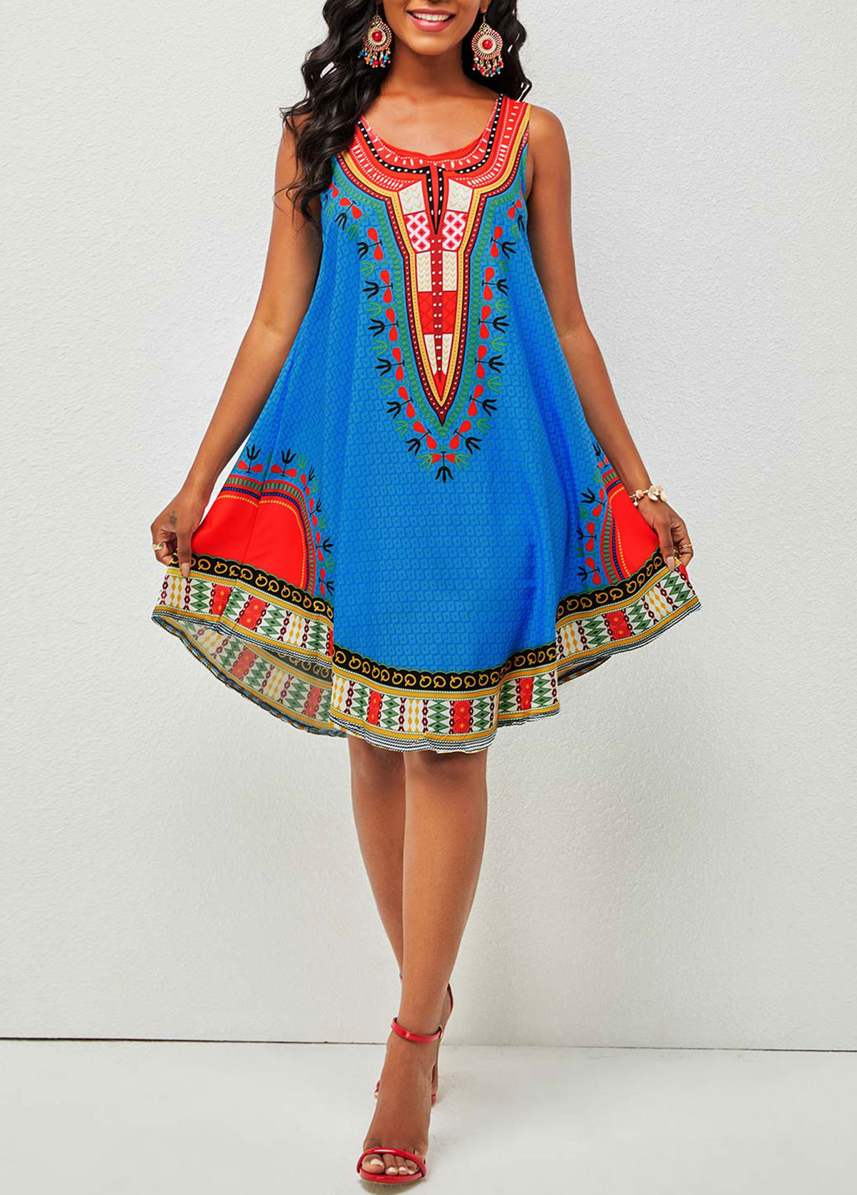 Tribal Print Round Neck Wide Strap Dress
