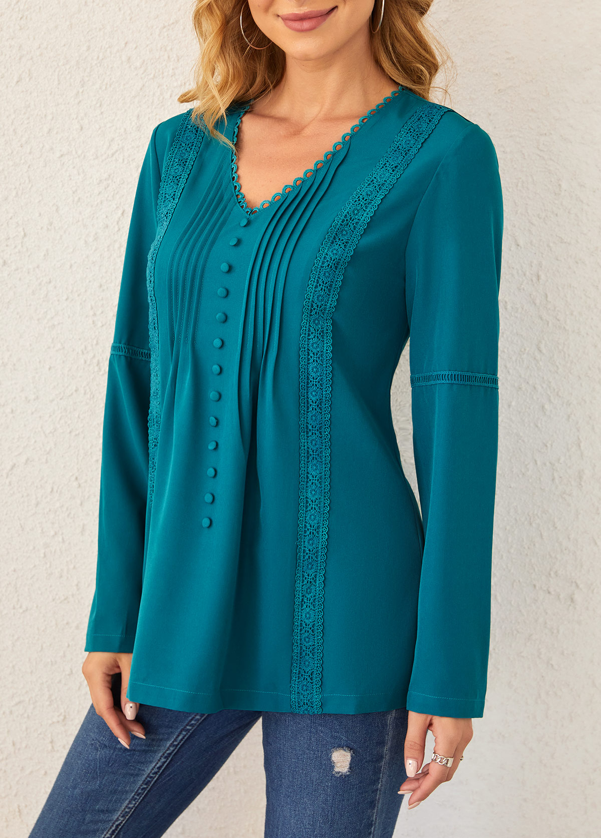 Lace Stitching Peacock Blue Crinkle Chest Blouse