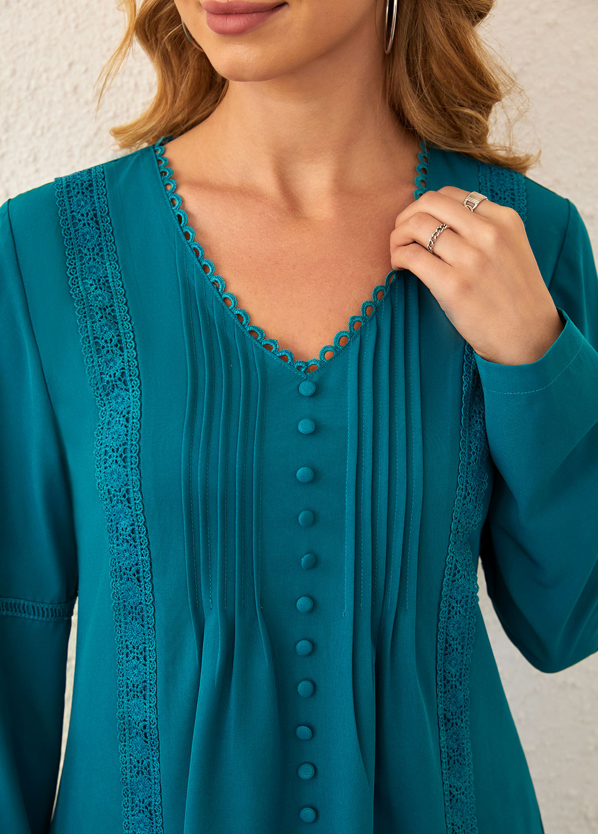 Lace Stitching Peacock Blue Crinkle Chest Blouse