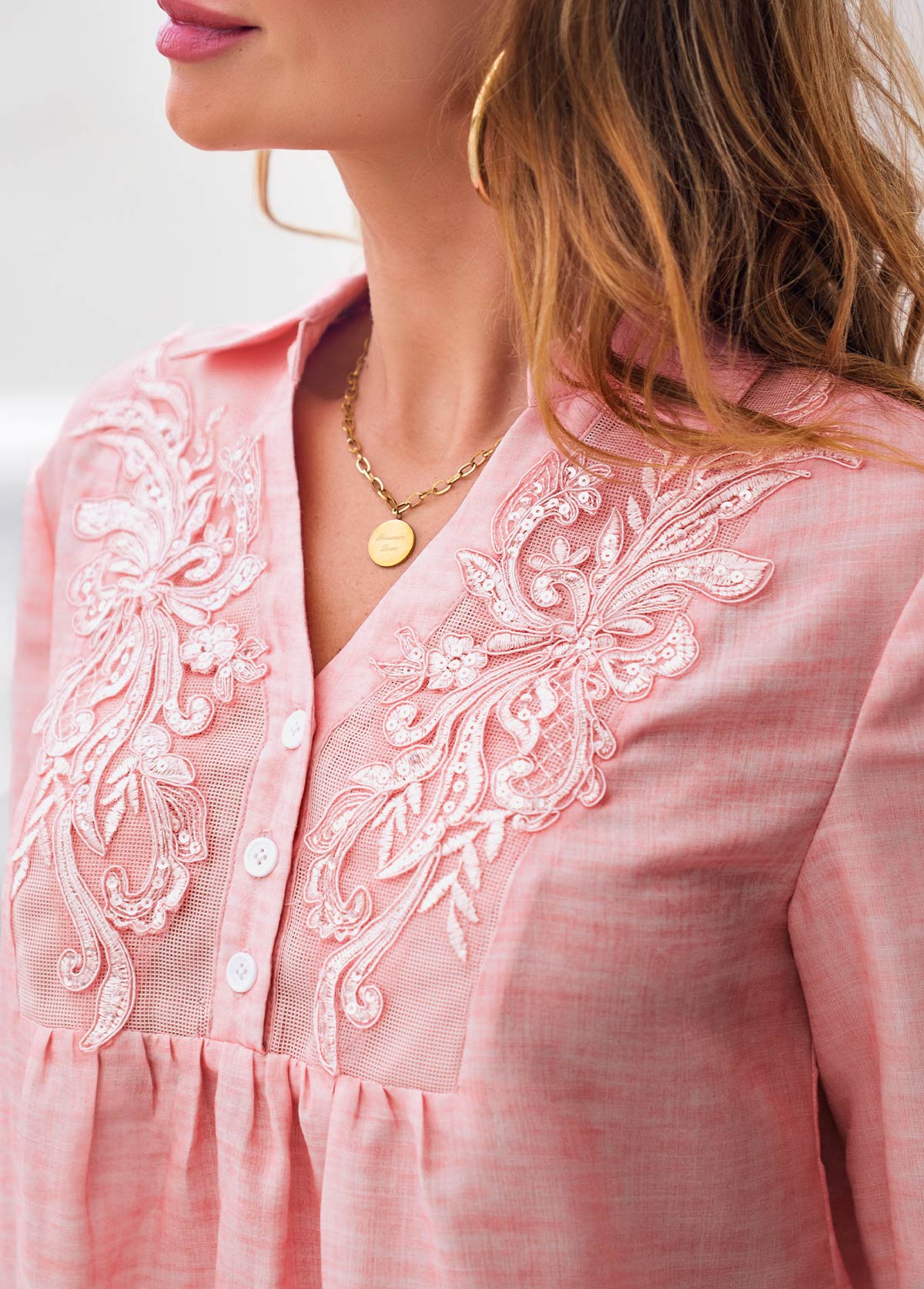 Lace Stitching 3/4 Sleeve Pink Blouse