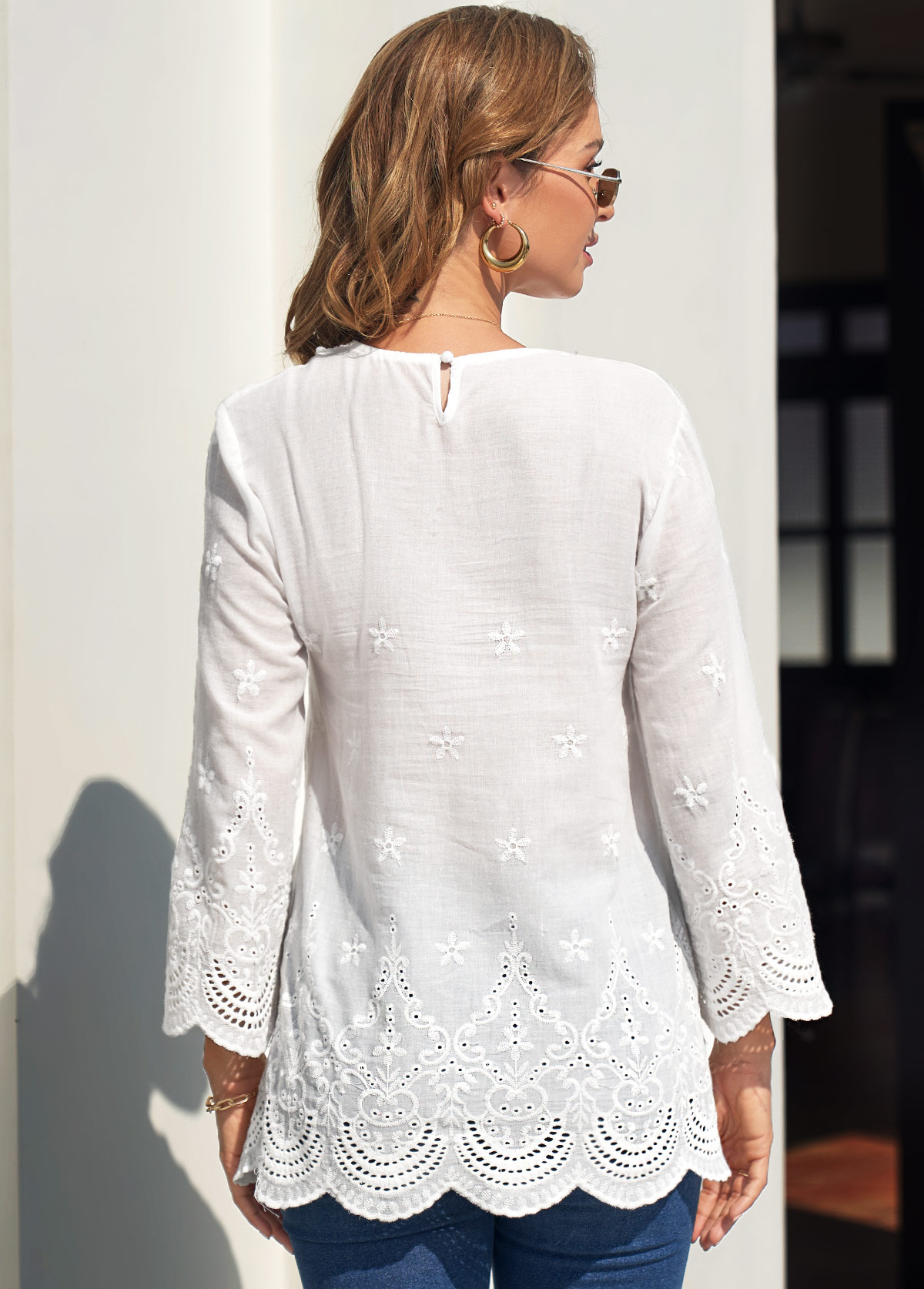 Lace Stitching White Split Neck Hollow Embroidery Blouse