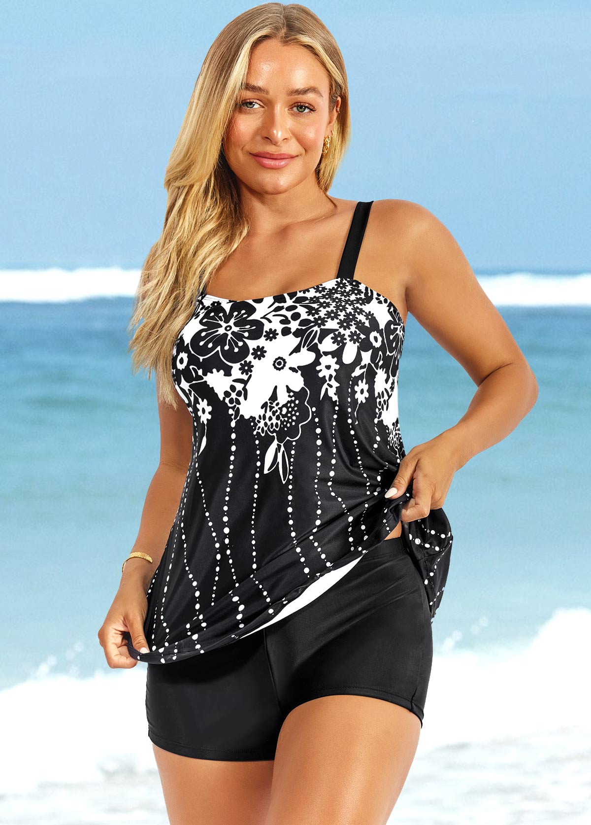 Floral Print Wide Strap Black Tankini Set | picture 