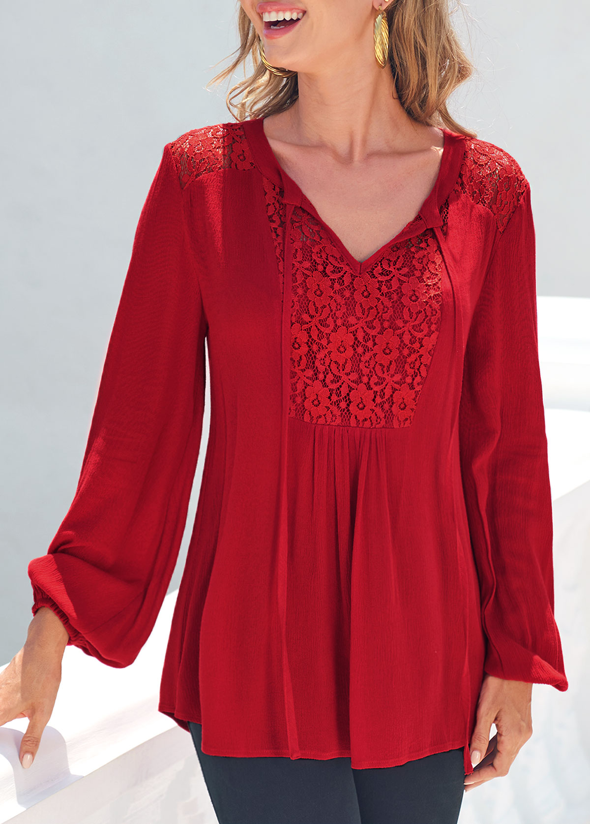 Lace Stitching Long Sleeve Red T Shirt