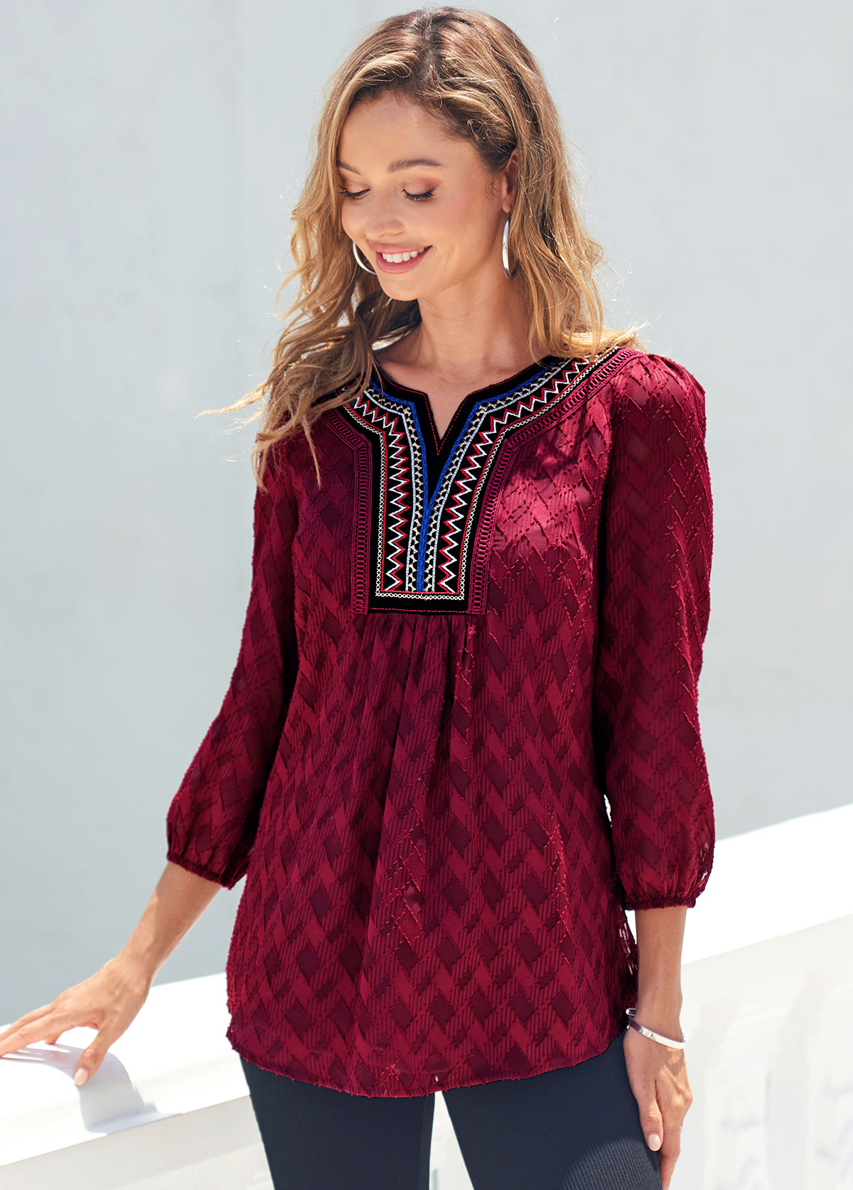 Textured Fabric Split Neck Wine Red Blouse
