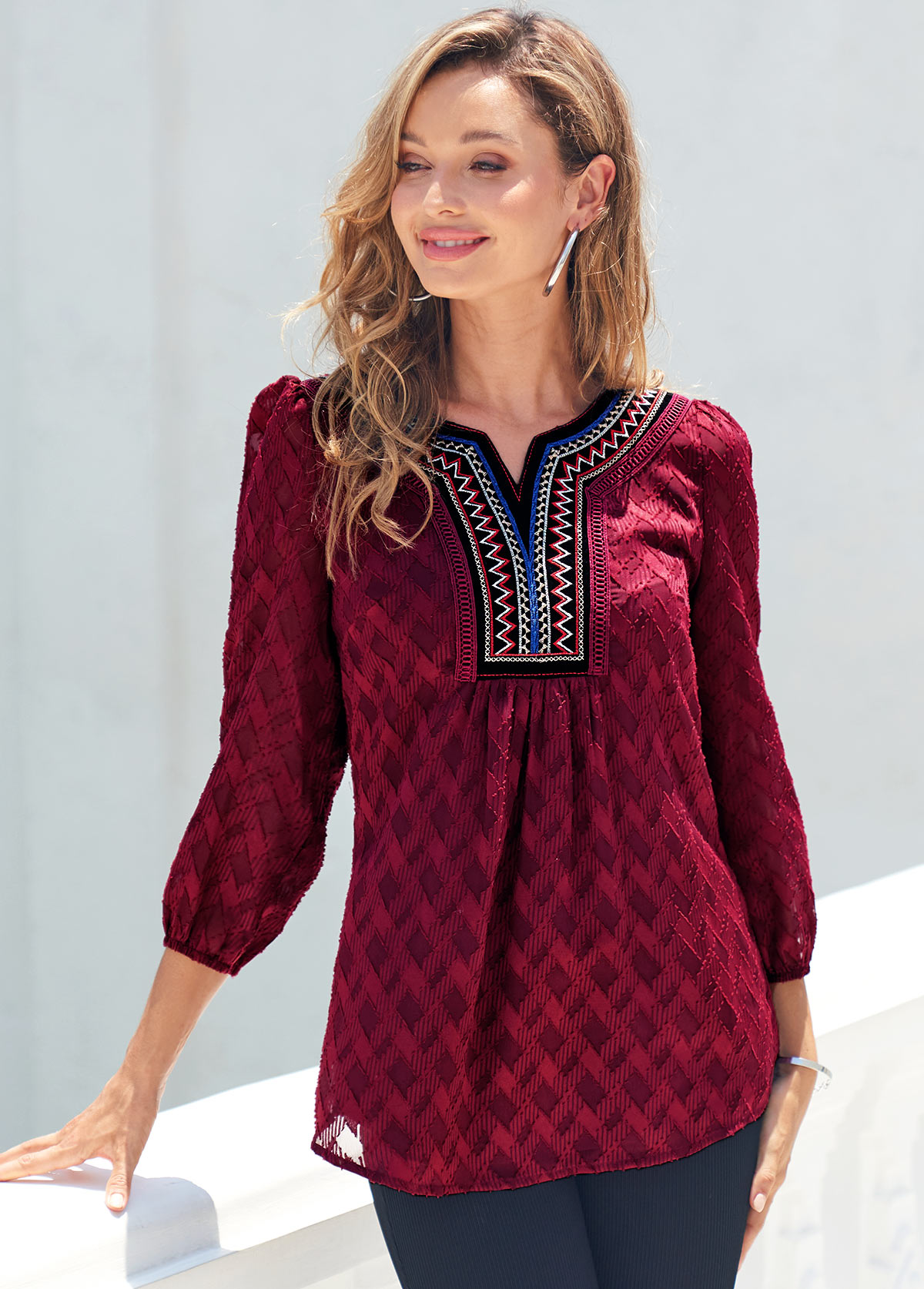 Textured Fabric Split Neck Wine Red Blouse