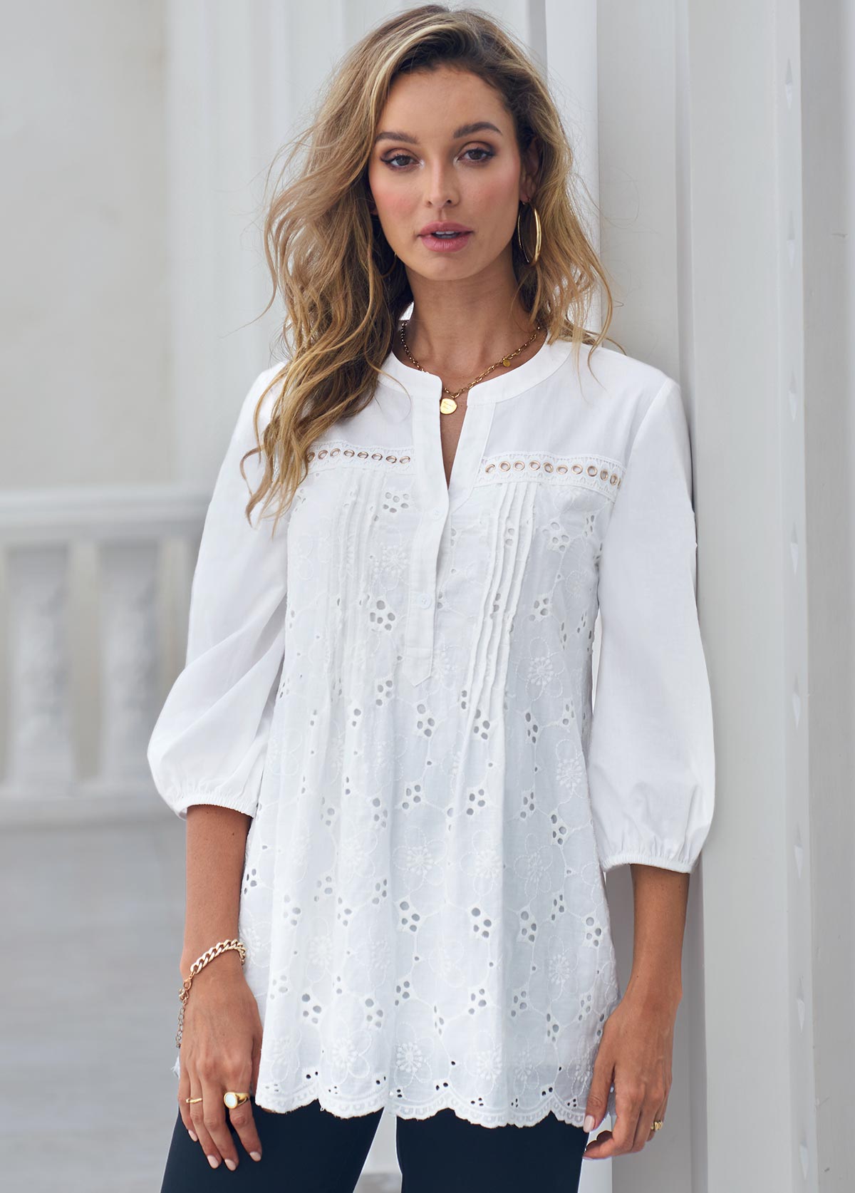 Embroidered Hollow Out Split Neck White Blouse