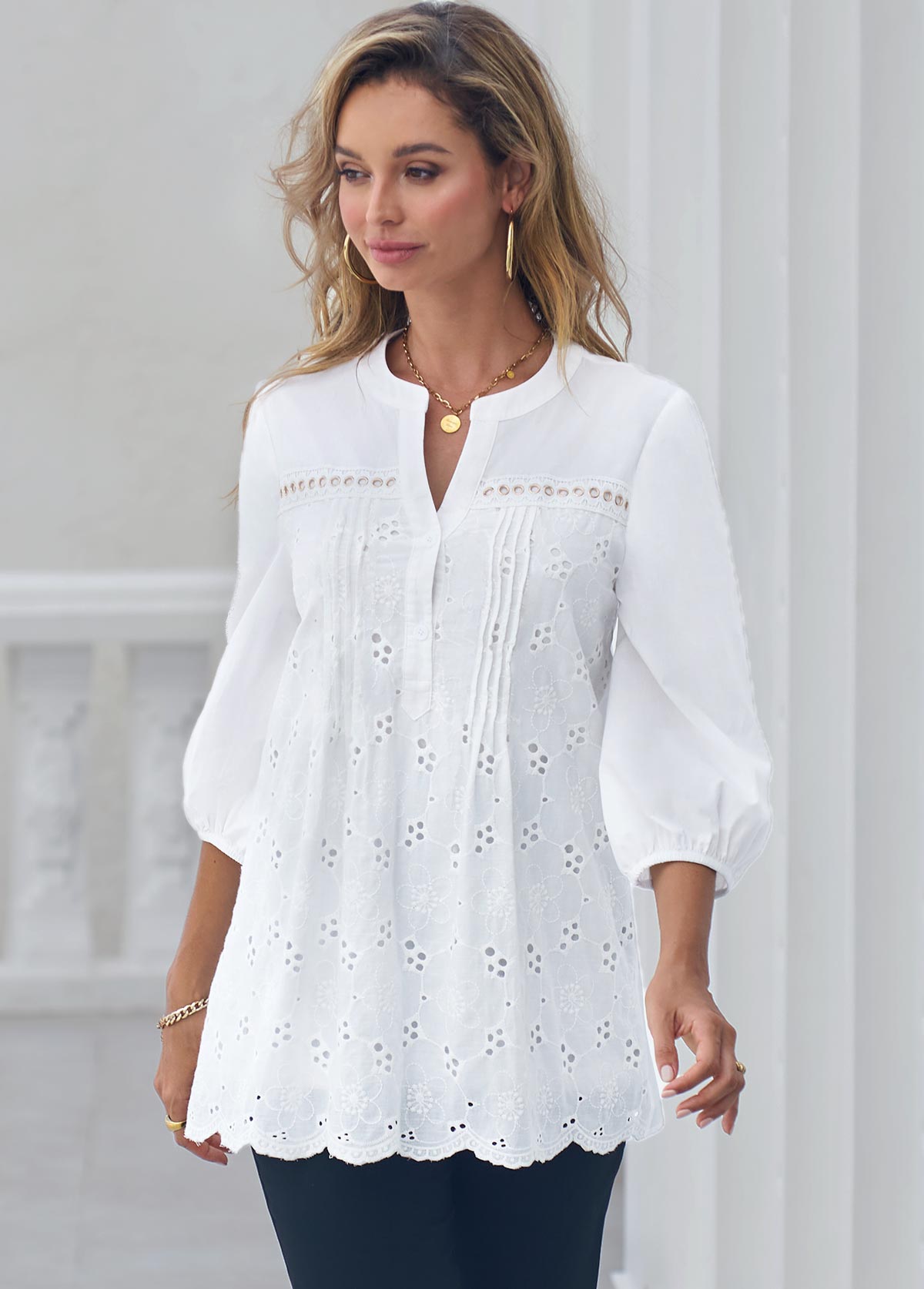 Embroidered Hollow Out Split Neck White Blouse | modlily.com - USD 11.99