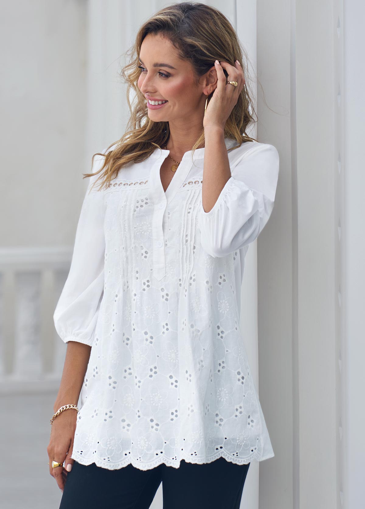 Embroidered Hollow Out Split Neck White Blouse